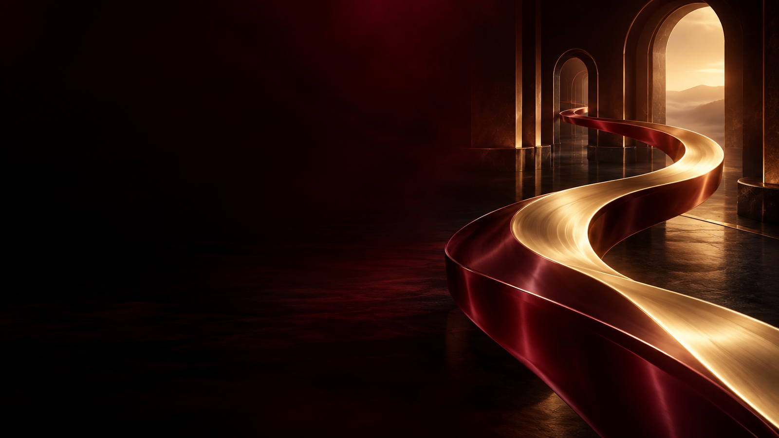 Burgundy and gold path through an architectural space