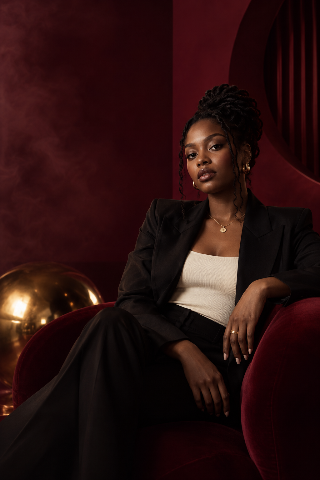 Editorial portrait of a creative professional in a Kotrixel wine-red studio
