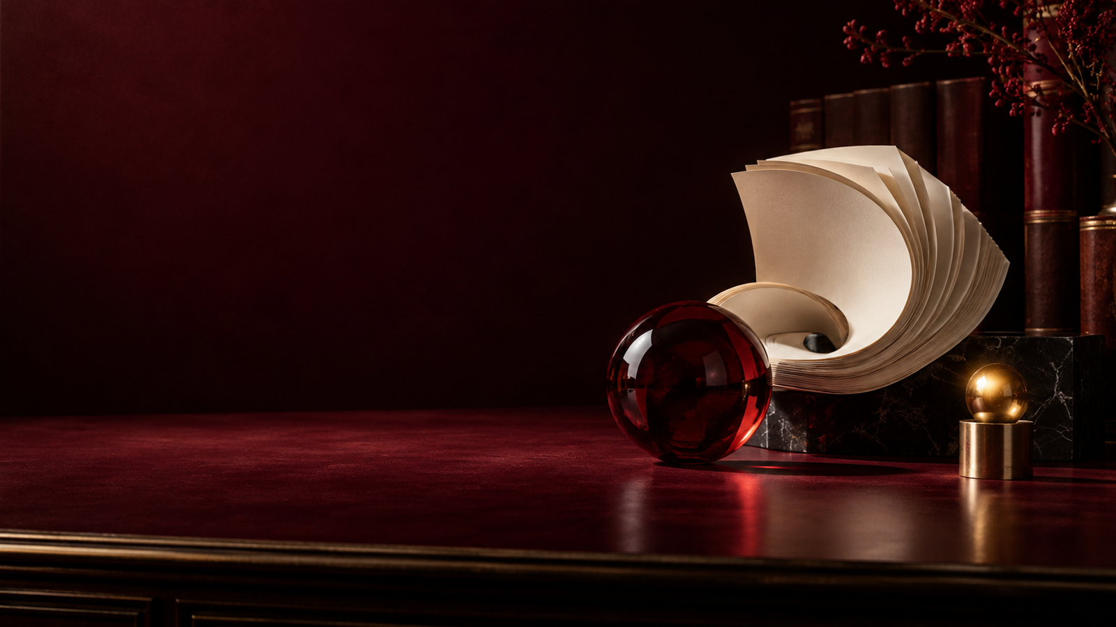 Editorial still life of sculptural papers and red glass