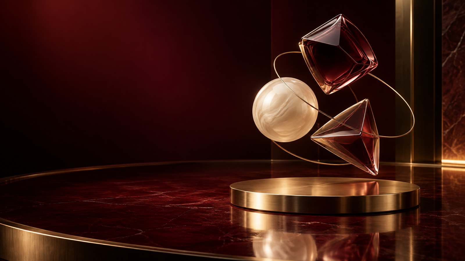 Floating burgundy and cream glass objects on a gold platform