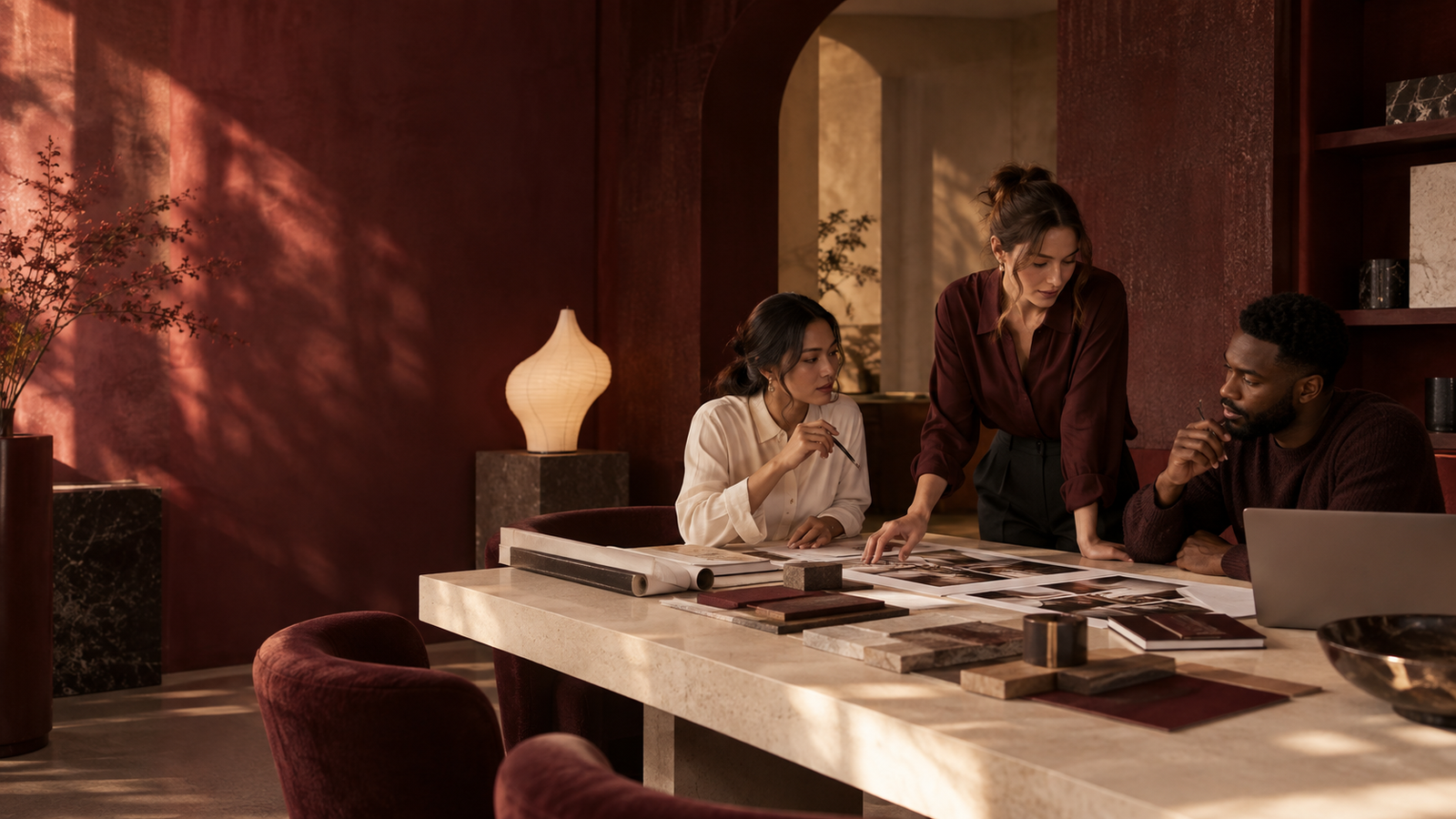 Creative team collaborating in a wine-red studio