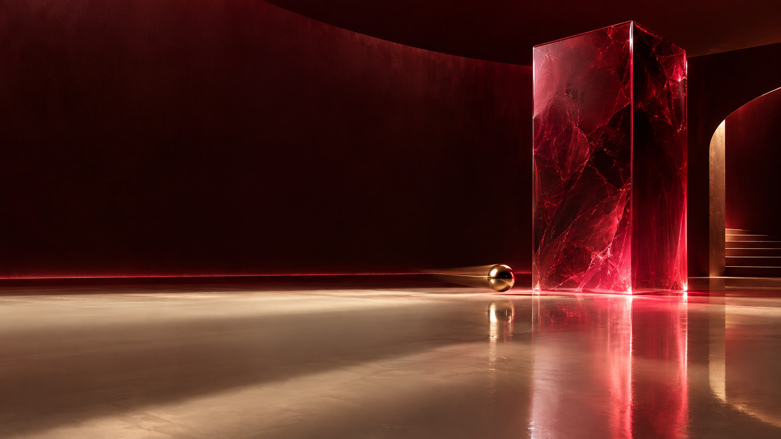 Luminous red glass monolith in an editorial gallery